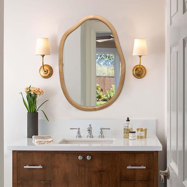 Brown 32 in. W x 22 in. H Irregular Wavy Wood Framed Wall Mirror,Abstract Asymmetrical Decorative Mirror for Living Room