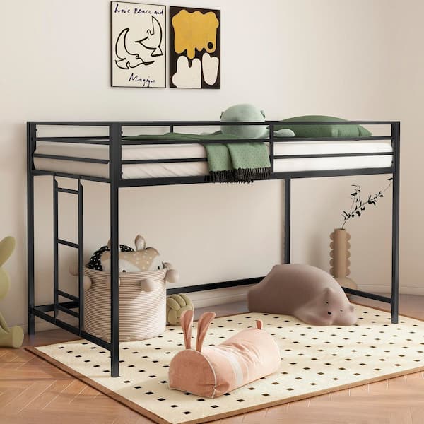 Black-A Twin Loft Metal Bunk Bed Frame for Kids, Teens with Safety Guardrails