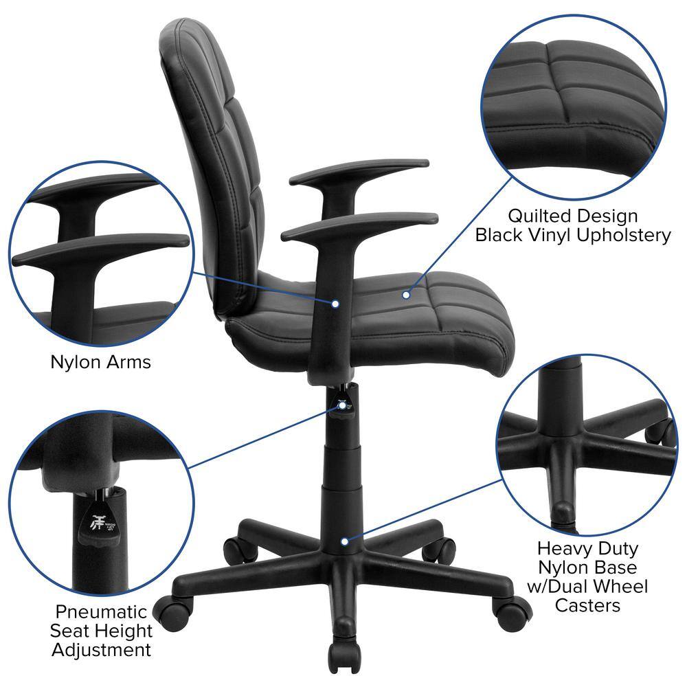 Mid-Back Black Vinyl Quilted Task Chair with Arms