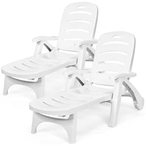 White 2-Piece Plastic Folding Outdoor Chaise Lounge Chair 5-Position Adjustable Recliner