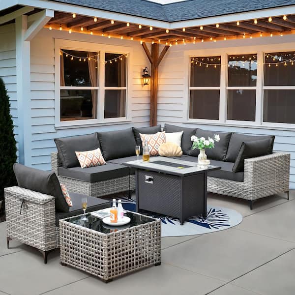 OVIOS Supery Gray 8-Piece Wicker Rectangle Fire Pit Patio Conversation Set with Black Cushions