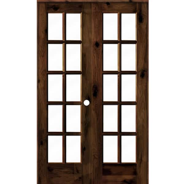 Krosswood Doors 48 in. x 80 in. Knotty Alder Left-Handed 10-Lite Clear Glass Red Mahogany Stain Wood Double Prehung French Door