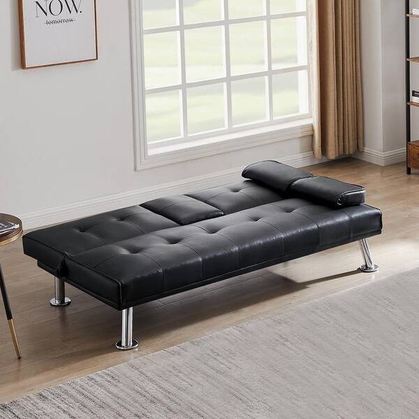 SOFA BED SLEEPER Modern Black PU Leather Futon Convertible Couch Cup Holder 