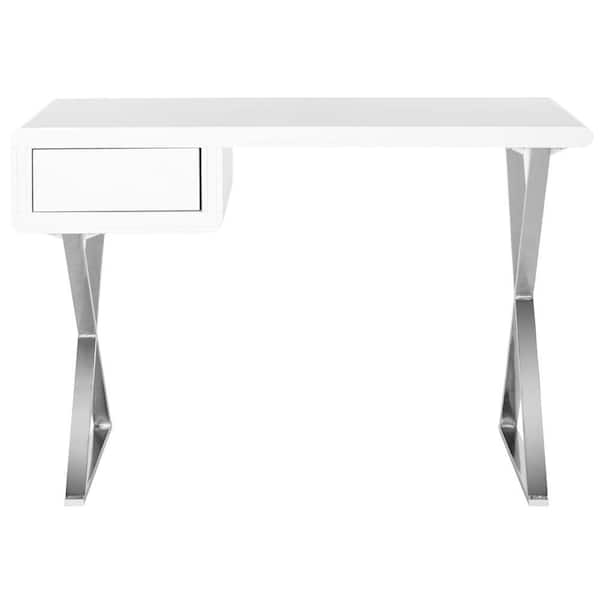SAFAVIEH Hanover 44 in. White/Chrome 1-Drawer Writing Desk