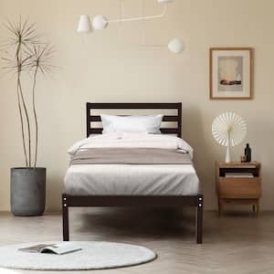 Brown Twin Size Wood Platform Bed Frame with Headboard Slat Support Mattress