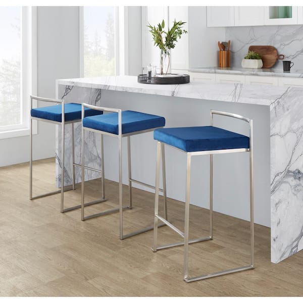 Lumisource Fuji 27.75 in. Blue Velvet and Stainless Steel Stackable Counter Stool (Set of 3)