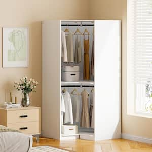 White Wood 43.3 in. Polygon Corner Wardrobe Armoire with 2-Hanging Rails and Shelves