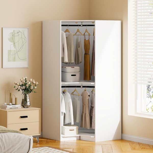 Harper & Bright Designs White Wood 43.3 in. Polygon Corner Wardrobe Armoire with 2-Hanging Rails and Shelves