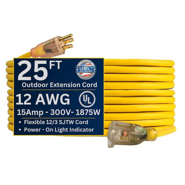 25 ft. 12/3 Heavy Duty Indoor/Outdoor Extension Cords with Lighted End, Yellow