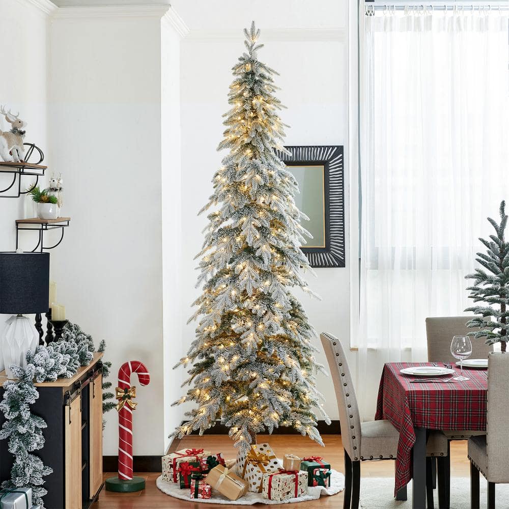9ft Narrow Flocked Spruce Christmas Tree with Warm White Lights