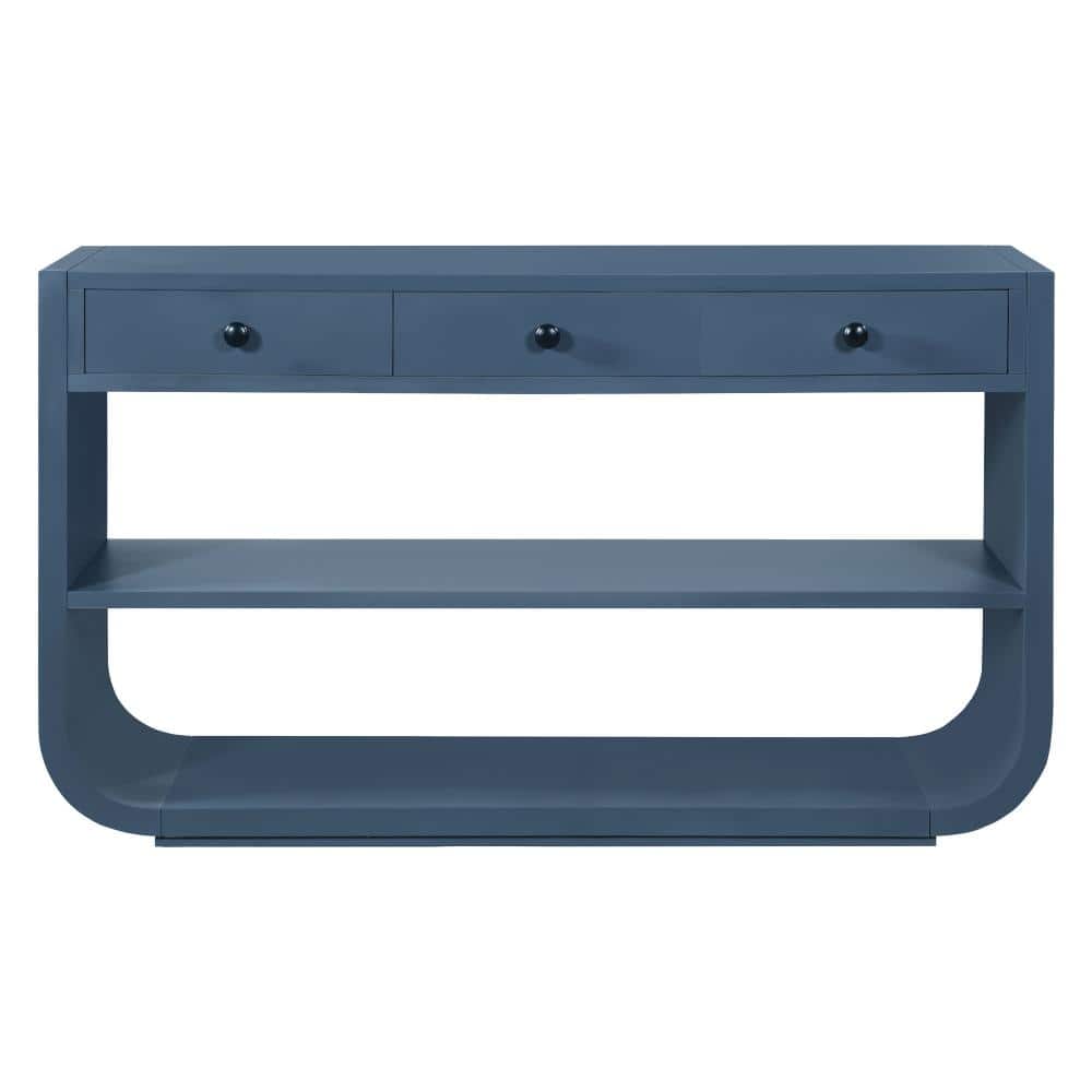 "55"" Modern Curved Console Table, 3 Soft-Close Drawers, 2 Open Shelves, Solid Wood Base, Entryway Living Room, Blue" price history on PriceWatchPro
