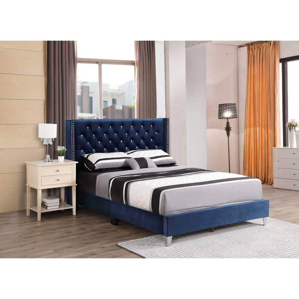 Navy Blue Velvet Tufted Upholstered Queen Bed with Nailhead Trim
