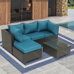 5-Piece Coffee Wicker Outdoor Sectional Set with Peacock Blue Cushions and Coffee Table