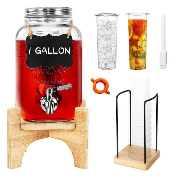 1 gal. Glass Beverage Dispenser with Bamboo Stand 18/8 Stainless Spigot Ice and Fruit Infuser Drink