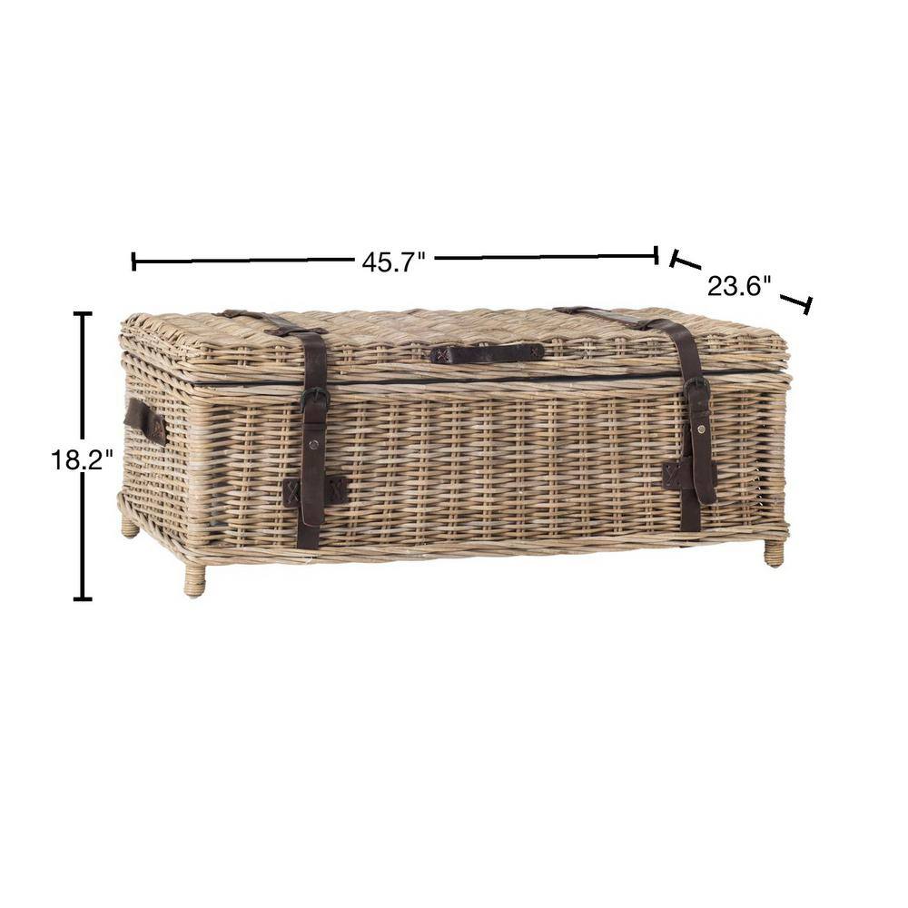 Transitional Gray Wood Storage Trunk Coffee Table with Faux Leather Straps