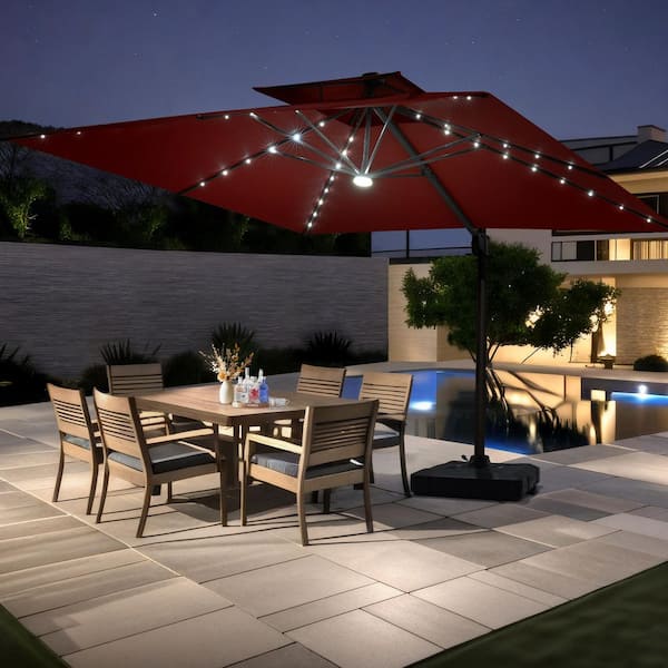 2-Tier 11.5 ft. x 9 ft. Rectangular 360° Swivel Solar LED Lighted Cantilever Patio Umbrella in Red with 260 lbs. Base