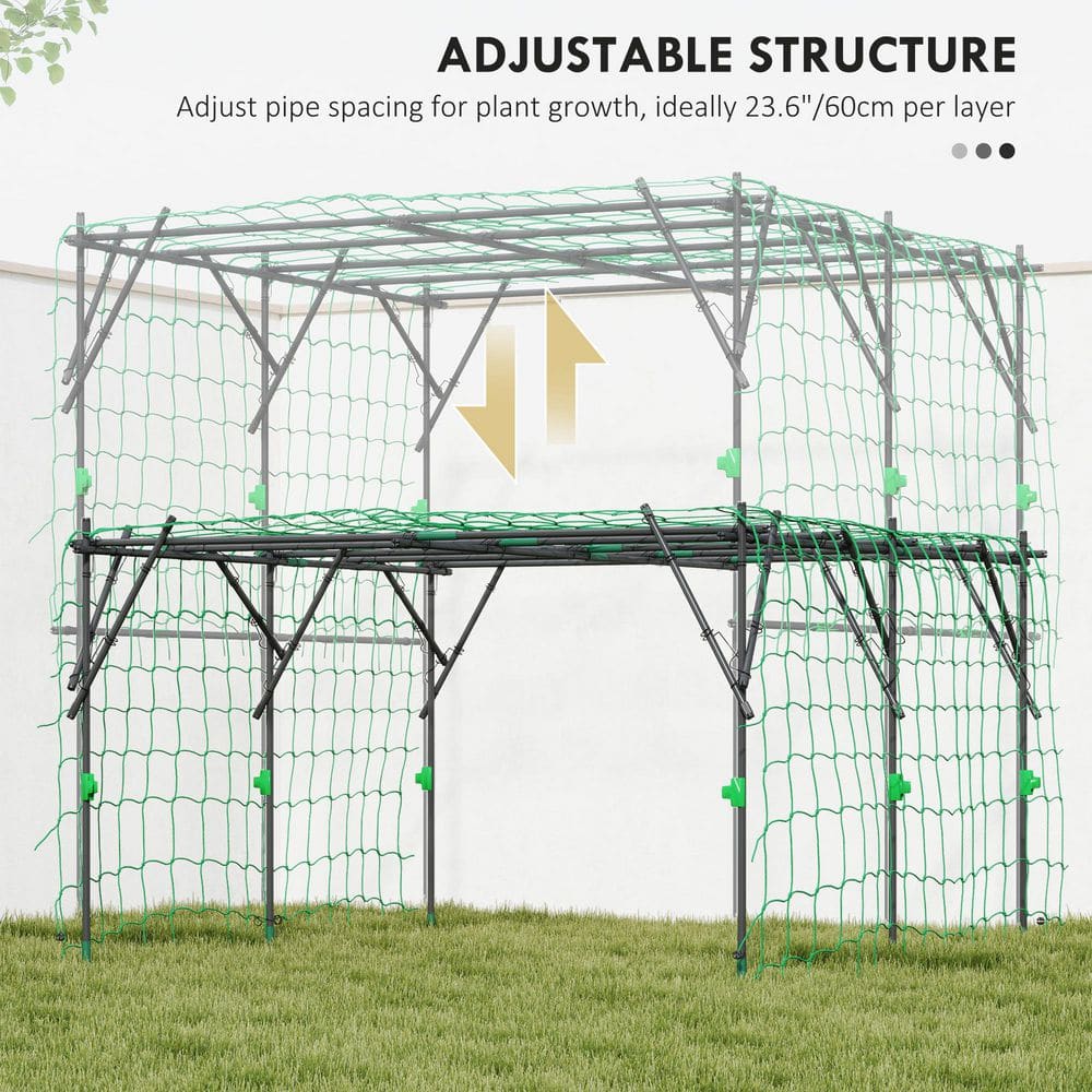 Black Metal Garden Arch Trellis with Green Climbing Net, 7.3 FT Tall