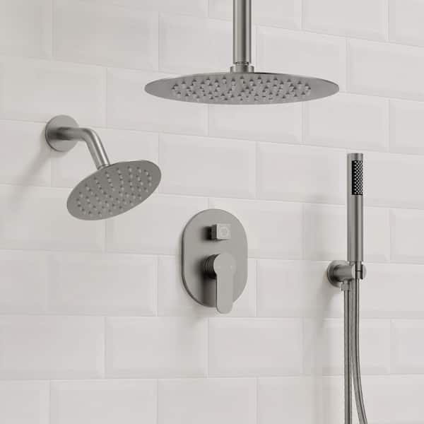 3-in-1 Dual Round Shower Heads Double Handle 3-Spray Tub and Shower Faucet 2.5 GPM in Brushed Nickel Valve Included