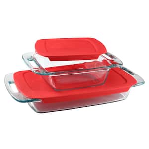 Easy Grab 3 qt. and 8 in. x 8 in. 4-Piece Glass Bakeware Set with Red Lids