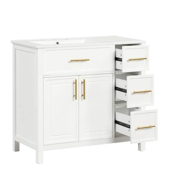 36 in. W x 18.3 in. D x 33.9 in. H Freestanding Bath Vanity in Off White w/ White Ceramic Top Sink 2 Doors and 3-Drawers