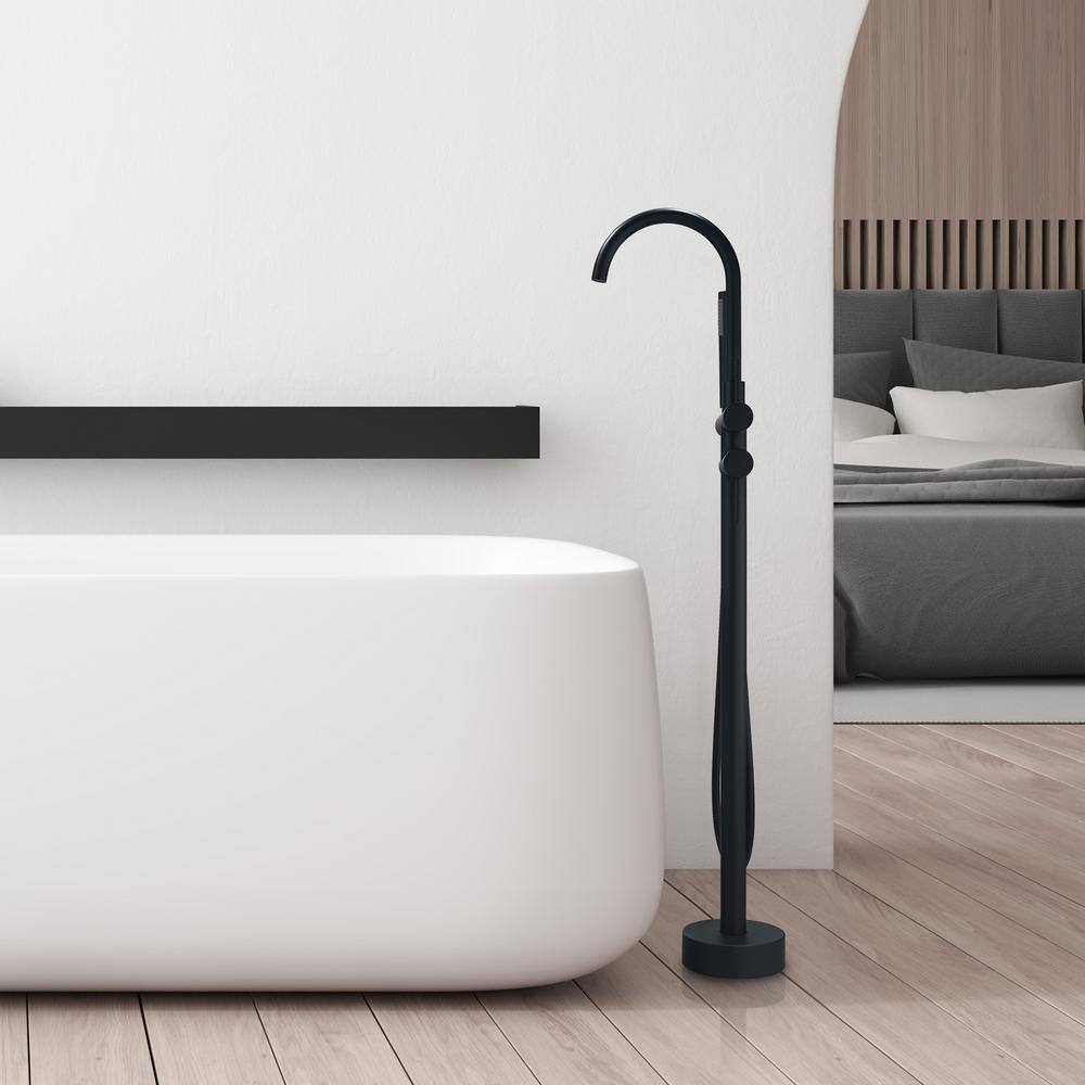 Matte Black Gooseneck Floor Mounted Tub Faucet with Handshower