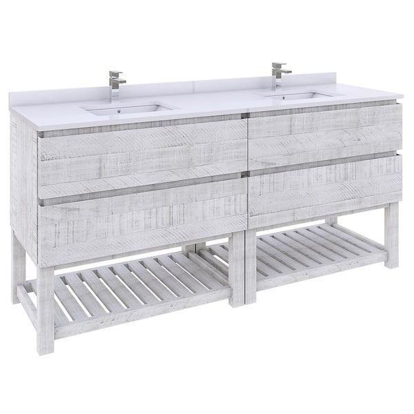 Fresca Formosa 72 in. Double Sink Freestanding Open Bottom Rustic White Bath Vanity with White Quartz Top and Ceramic Sink