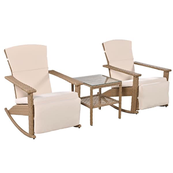 Cesicia Adjustable Double Wicker Outdoor Rocking Chair with Beige Cushions Coffee Table, Suitable for Backyard