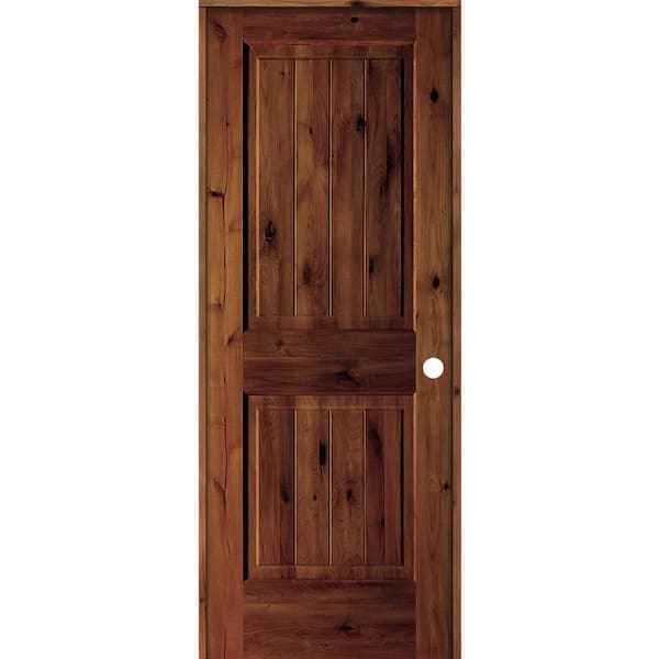 Krosswood Doors 30 in. x 80 in. Knotty Alder 2 Panel Left-Hand Square Top V-Groove Red Chestnut Stain Wood Single Prehung Interior Door