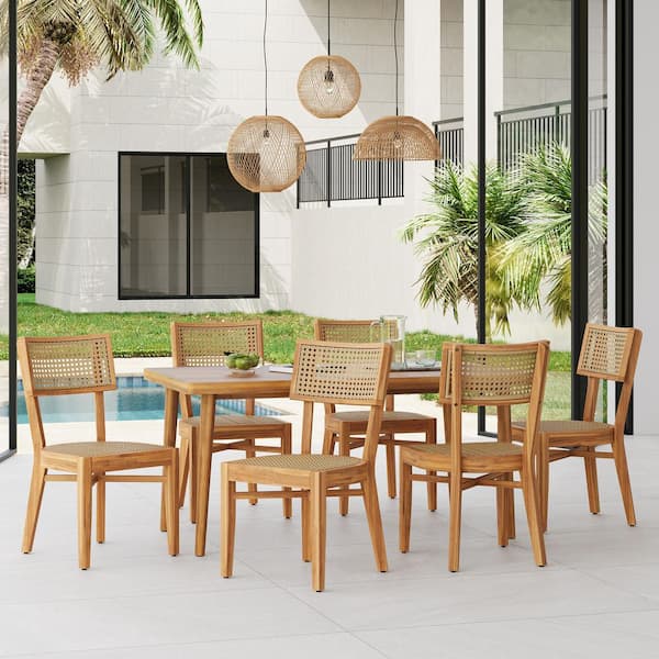 Ellery Patio 7-Piece Teak Finish Wood Rectangle Outdoor Dining Set with Light Brown Wicker Woven Backrest and Seating