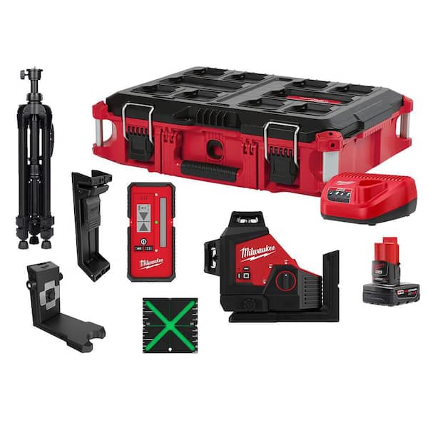 M12 12-Volt Lithium-ion Cordless Green 250 ft. 3-Plane Laser Level PACKOUT Kit