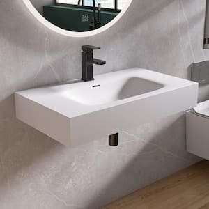 32 in. x 18 in. Solid Surface Wall-Mounted Bathroom Vessel Sink in White with Faucet Hole and Overflow