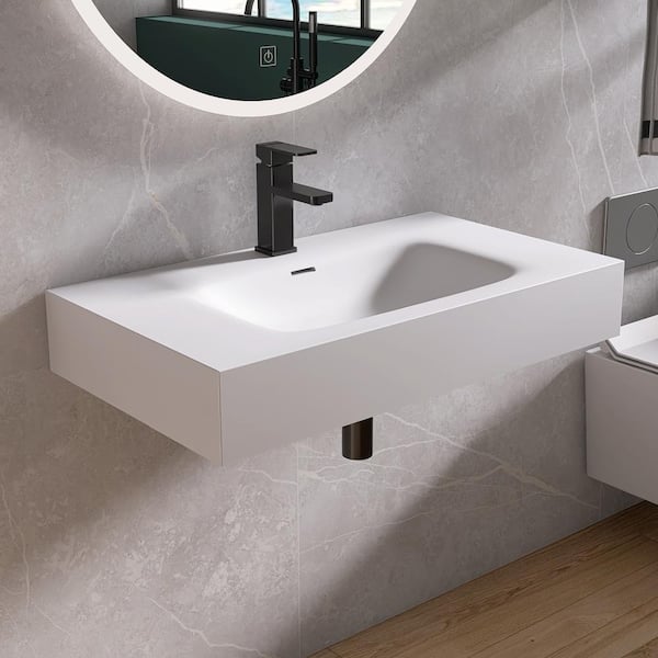 MEDUNJESS 32 in. x 18 in. Solid Surface Wall-Mounted Bathroom Vessel Sink in White with Faucet Hole and Overflow
