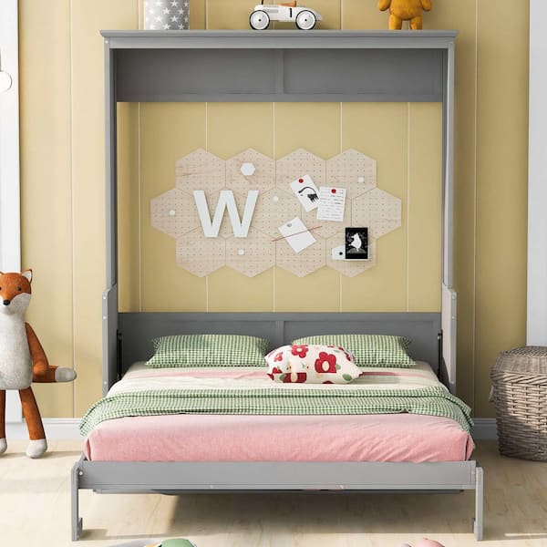 Gray Wood Frame Queen Size Murphy Bed with a Shelf