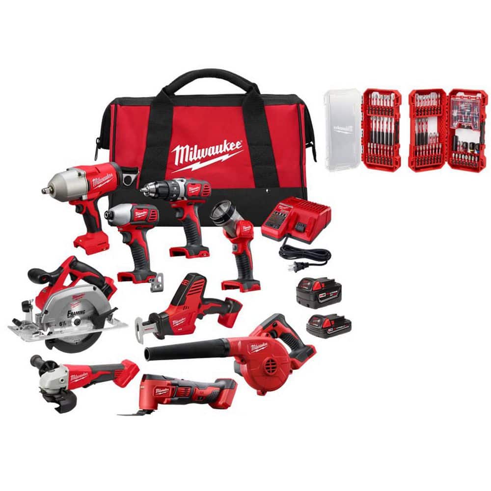 MILWAUKEE M18 18-Volt Lith-Ion Cordless Combo Kit 9-Tool w/ 2-Batteries, Charger & SHOCKWAVE Screwdriver Bit Set (2697-29-48-)