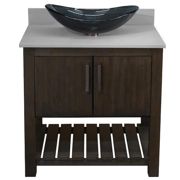 Novatto Ocean Breeze 31 in. W x 22 in. D x 31 in. H One Clear Gray Sink ORB Drain Bath Vanity in Cafe w/Storm Grey Quartz Top