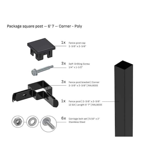 Square 2-3/8 in. x 2-3/8 in. x 6 ft. 7 ft. Poly Cap Corner Fence Black Steel Post (1-Pack)