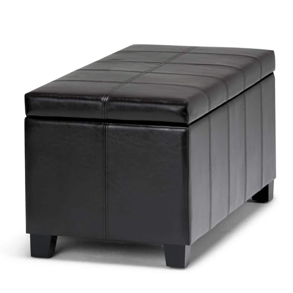 Midnight Black Faux Leather Rectangular Storage Bench Ottoman