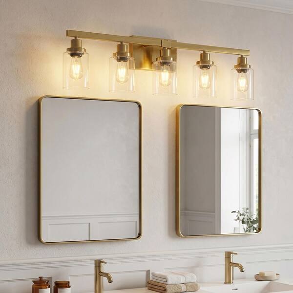 FEKZO 31 in. 5-Light Gold Vanity Light with Clear Glass Shade Wall