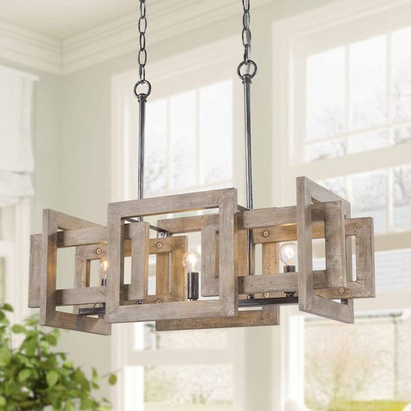 Farmhouse Kitchen Island Linear Chandelier 3-Light Wood Brown Rectangle Chandelier