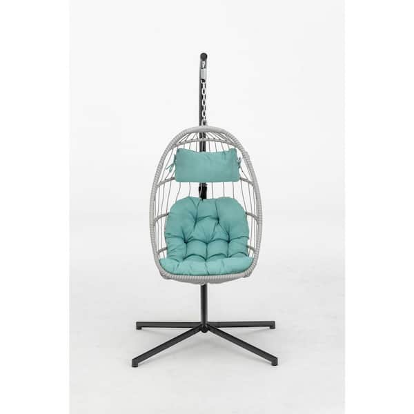 TIRAMISUBEST 1-Person Wicker Hanging Chair Egg Chair Patio Swing with Blue Cushion