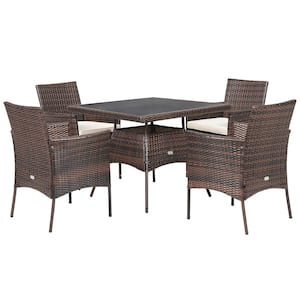 5-Piece Wicker Patio Outdoor Dining Table Set Outdoor Furniture Set with 4-Seat White Cushions