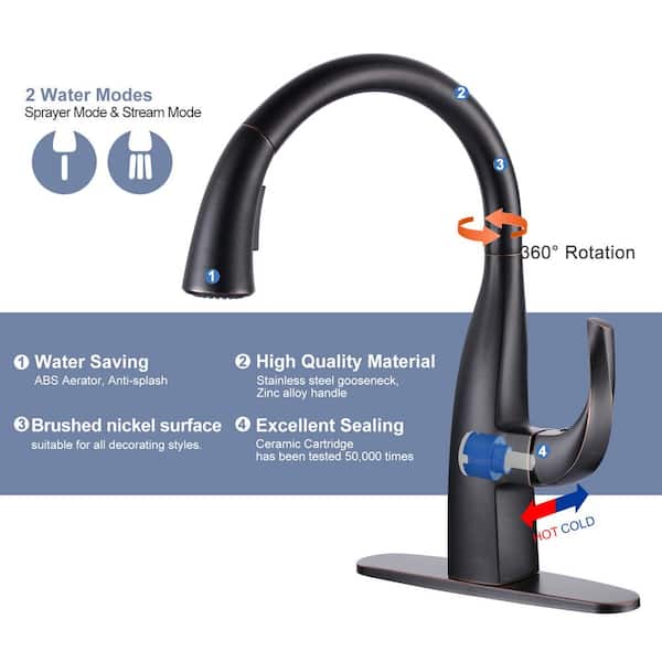 Single Handle Gooseneck Pull Down Sprayer Kitchen Faucet with Deck Mount in Oil Rubbed Bronze