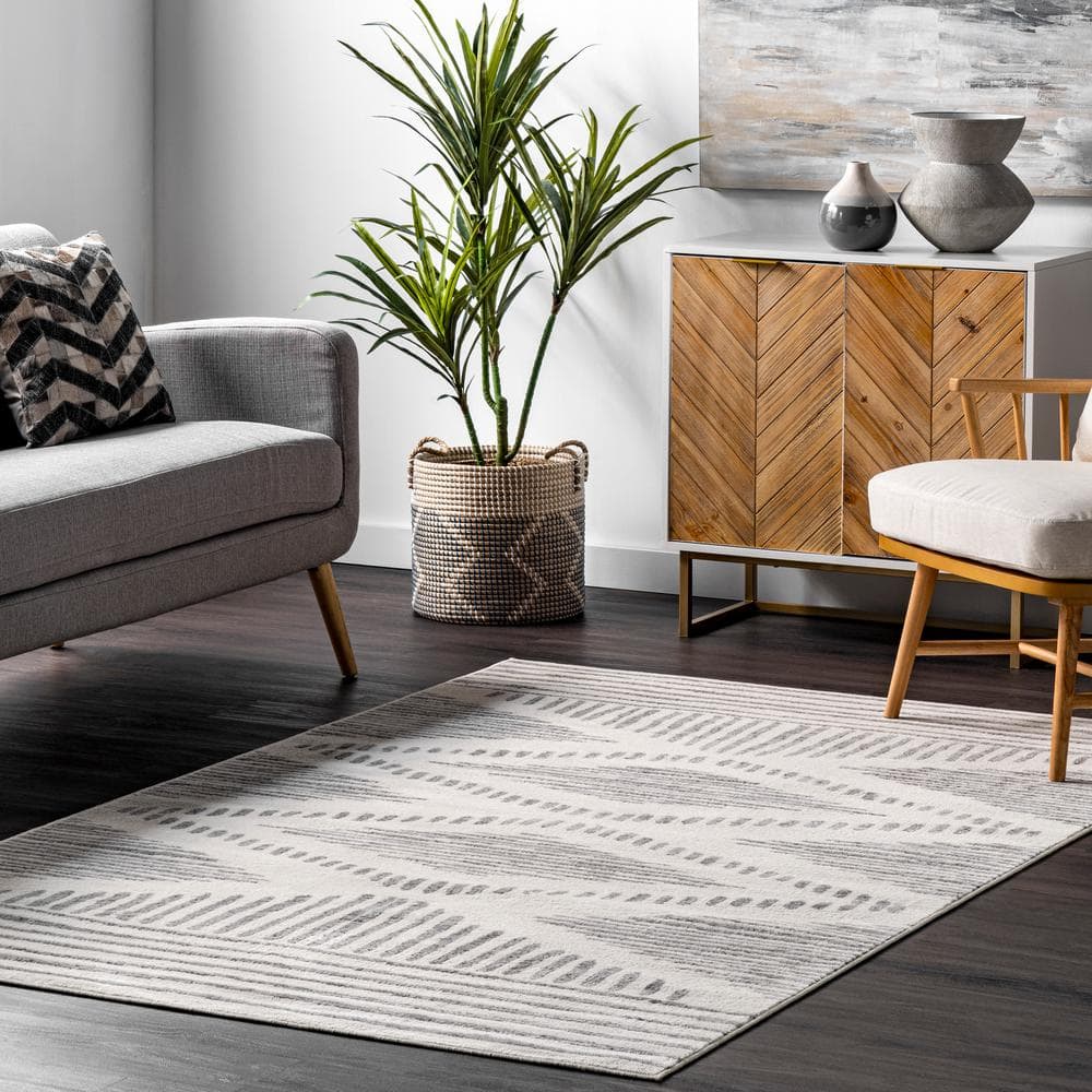 Light Gray Rectangular Striped Synthetic Area Rug
