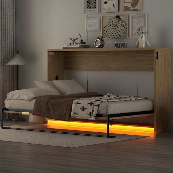 LED Light Natural (Brown) Wood Frame Twin XL Size Murphy Bed, Wall Bed Folded into a Cabinet