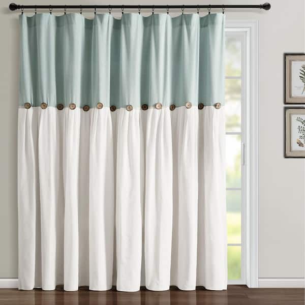HOMEBOUTIQUE Linen Button 100 in. W x 84 in. L Light Filtering Window Curtain Panel in Blue/White Single