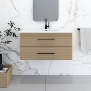Napa 36 W x 18 D x 21.3 H Single Sink Bathroom Vanity Wall Mounted In Sand Pine with White Ceramic Integrated Countertop
