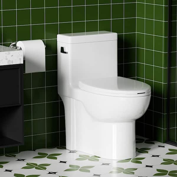 1-Piece 1.28 GPF Single-Flush Elongated Toilet with Side Lever in Gloss White with Soft Close Seat