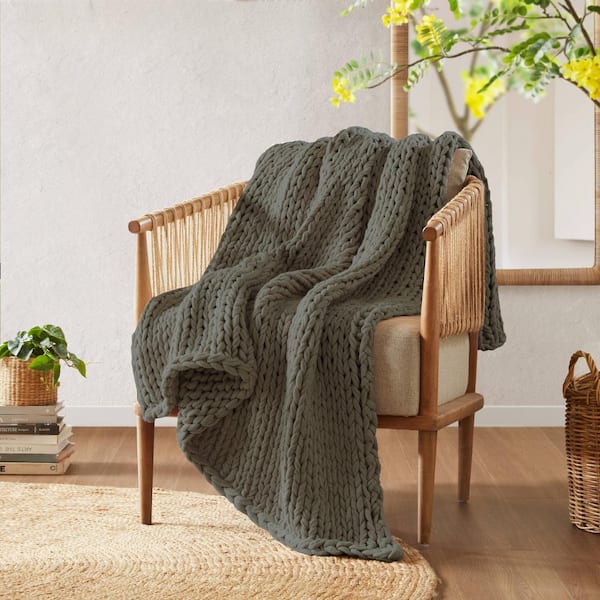 Chunky Double Knit Charcoal 50 in. x 60 in. Handmade Throw Blanket