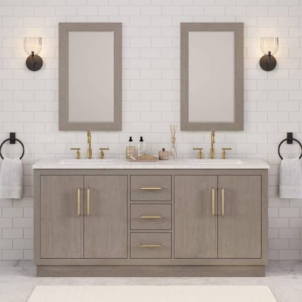 Water Creation Hugo 72 in. W x 22 in. D Bath Vanity in Grey Oak with Marble Vanity Top in White with White Basin and Gooseneck Faucet