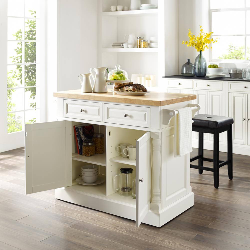 White Wood Kitchen Island with Black Stools